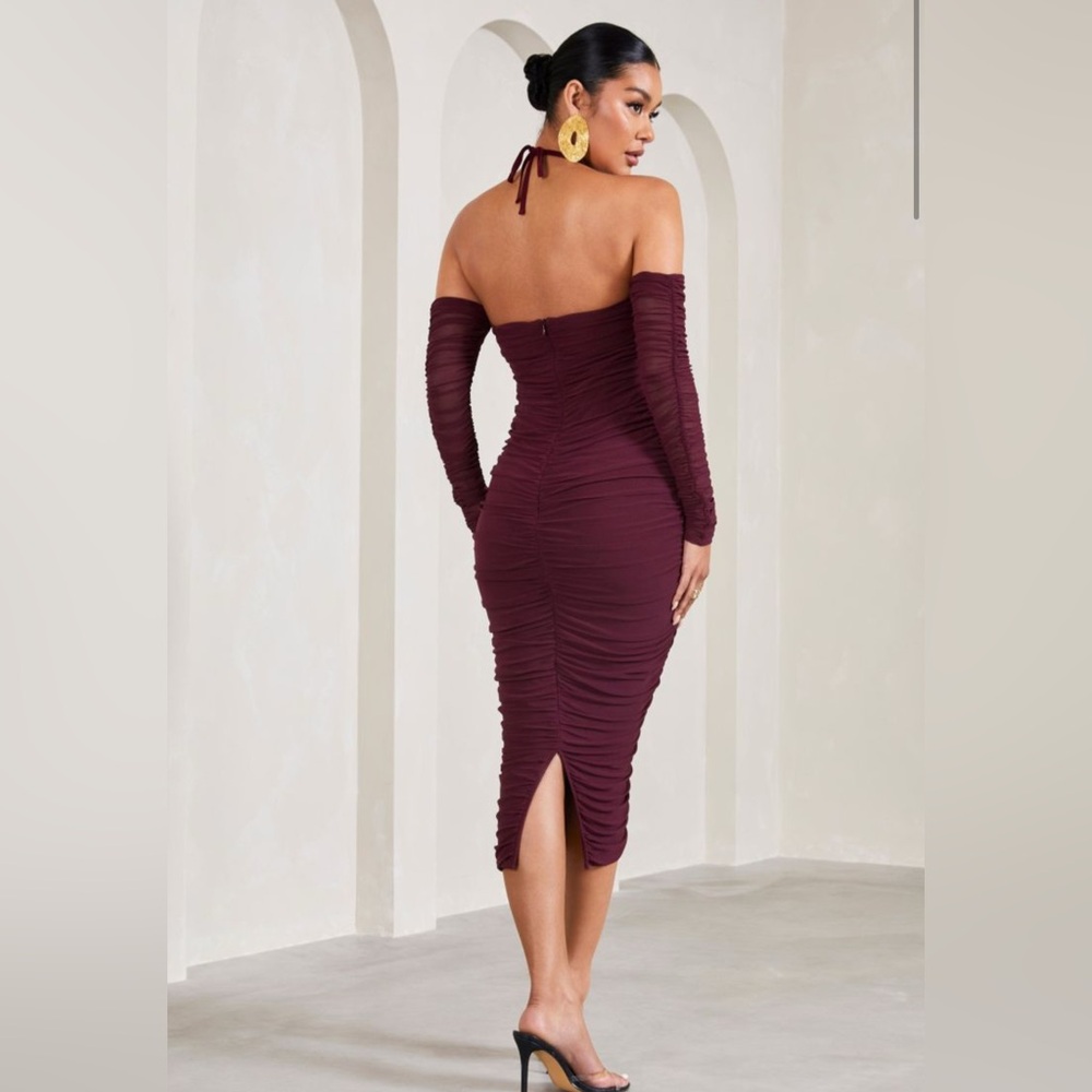 NWT Club L London Burgundy Ruched Halter Maternity Midi Dress Sz 12 - Picture 2 of 5